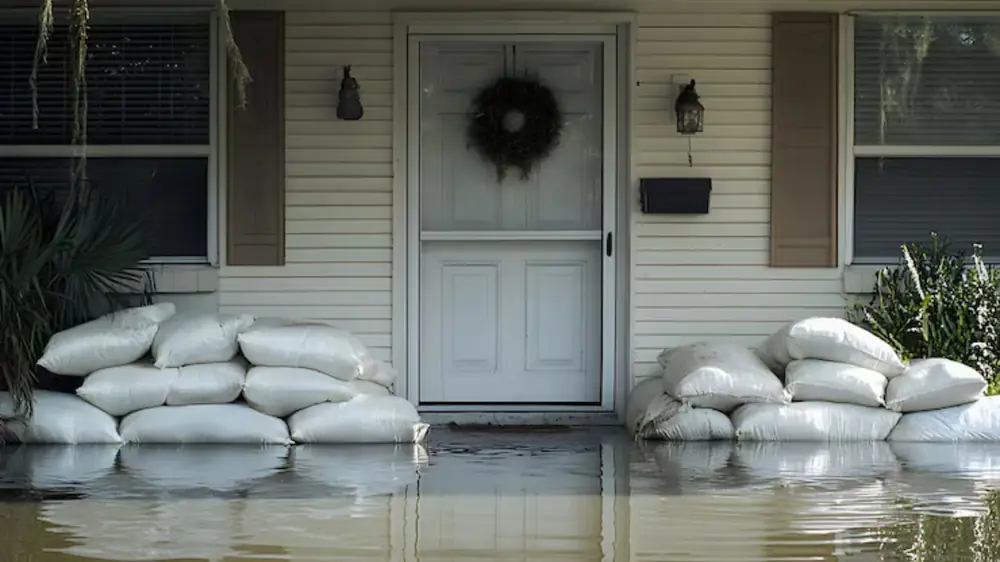 Sandbags stacked at a front door while floodwater covers the ground