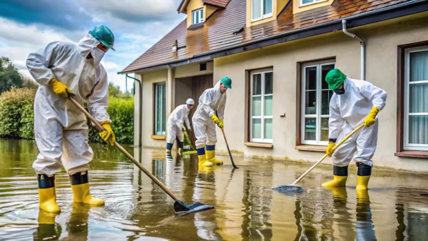 Crew in protective suits and boots clearing floodwater from around a house