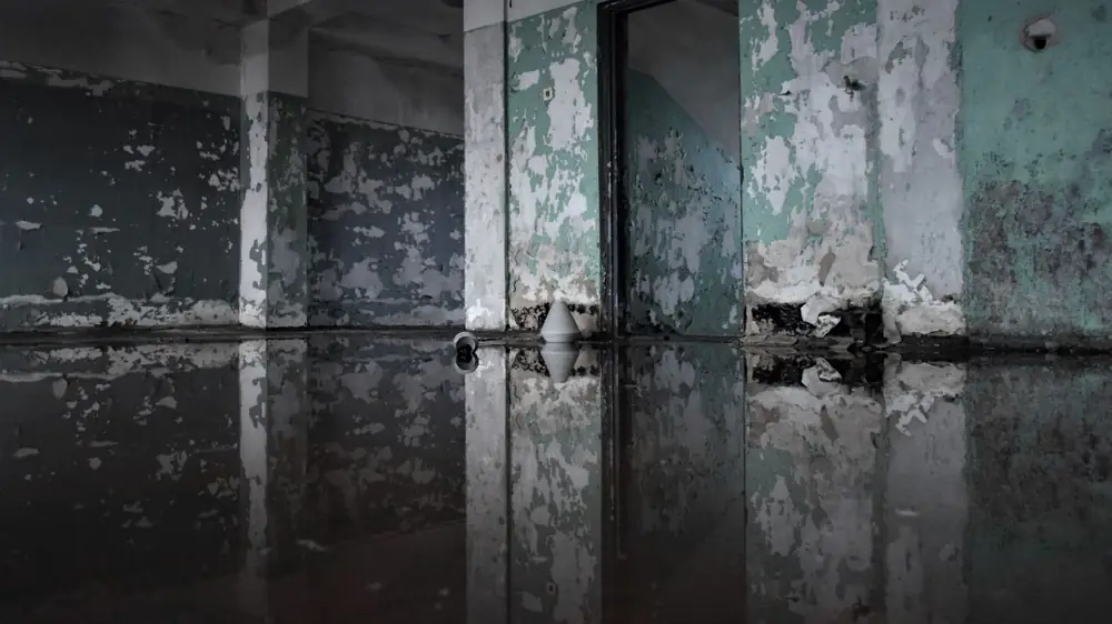 Damp basement walls with dark staining and water on the floor