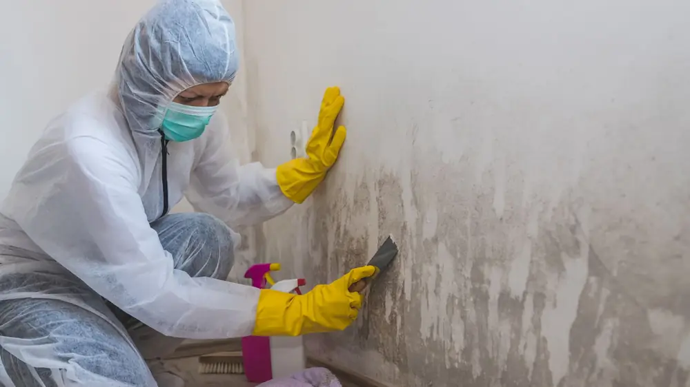 Technician in protective gear working on a wall near the floor