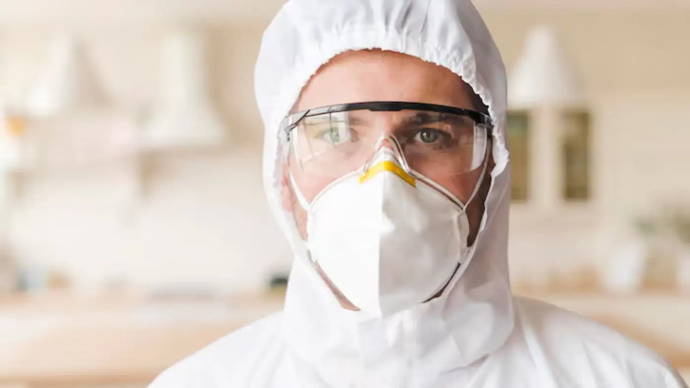 Person in a respirator and goggles inside a home