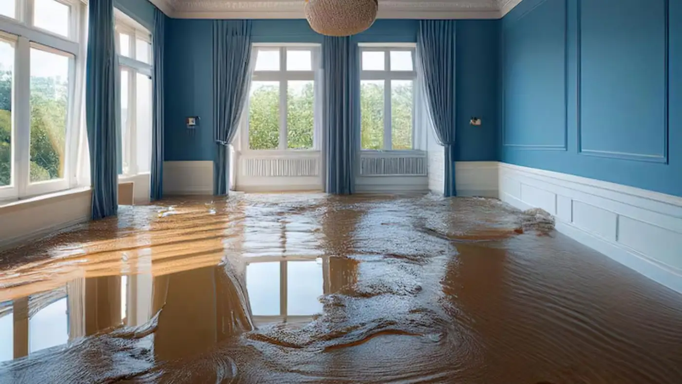 Room with wet hardwood flooring under blue walls