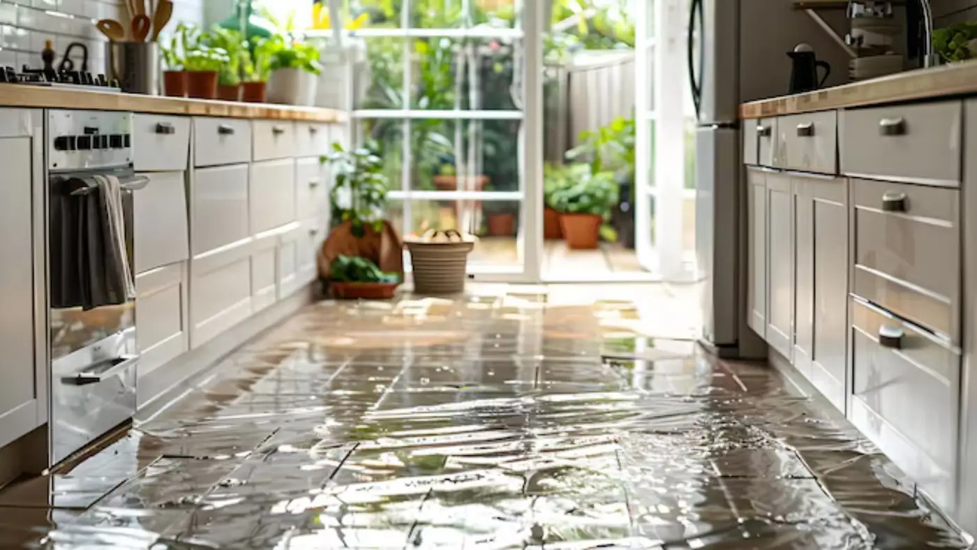 Kitchen floor covered by a thin layer of water